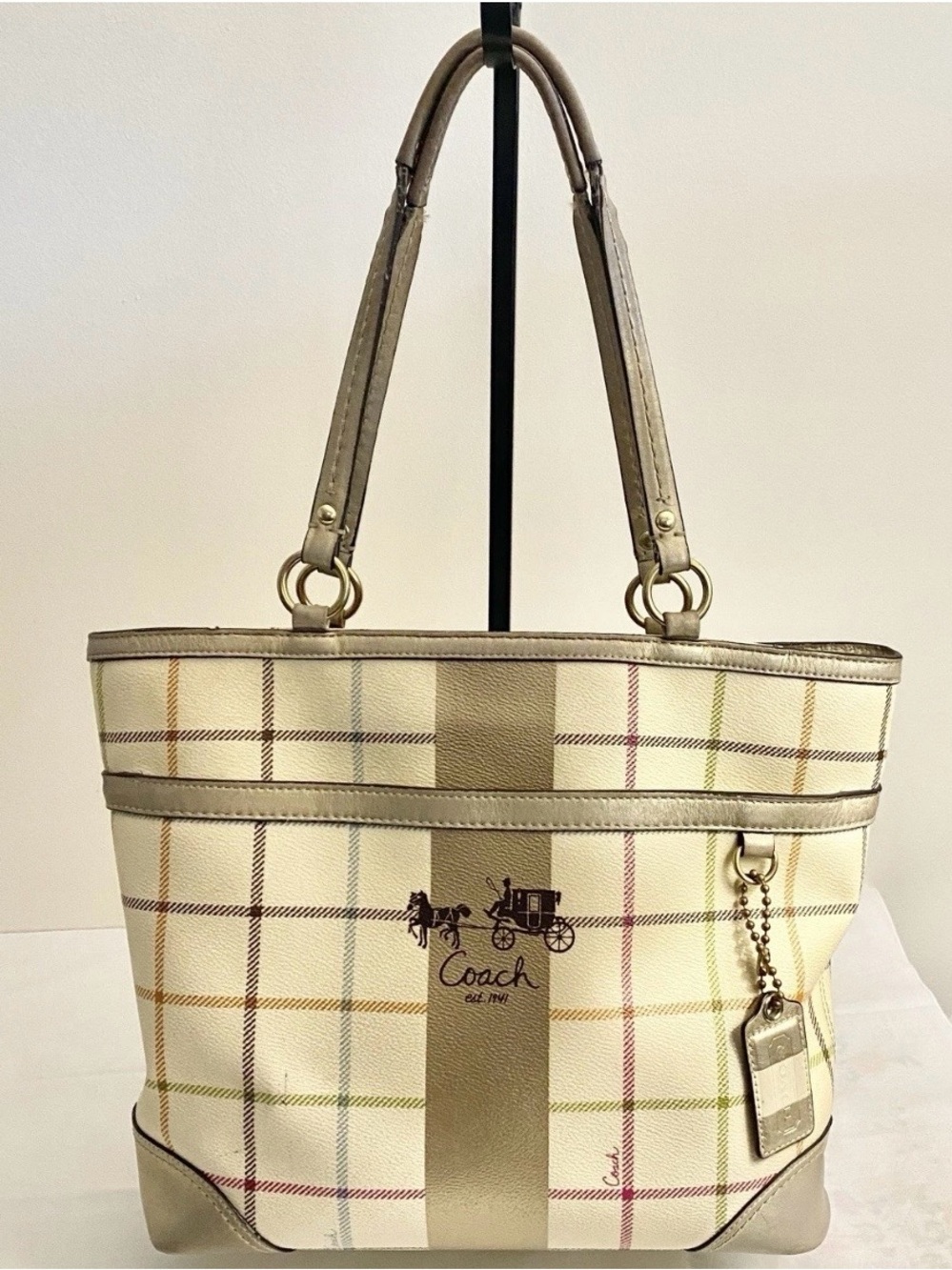 COACH Peyton Tattersall Tote Shoulder Bag Ivory with Multicolored Stripes 13033 - Picture 5 of 15